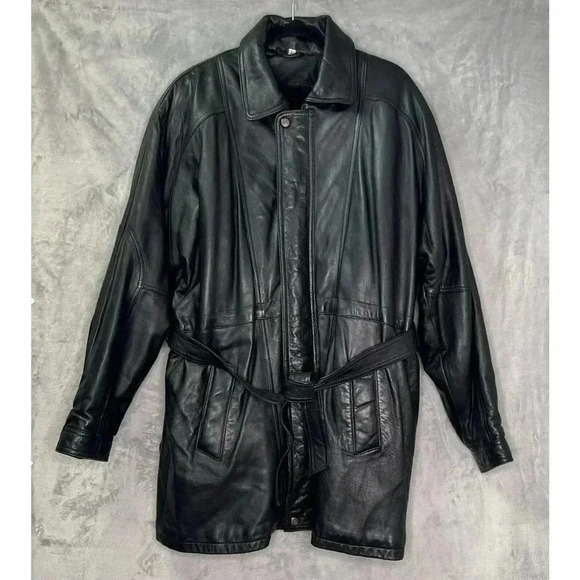 Vintage Stylish Retro Black Leather Belted Jacket Men’s Size L Made In Pakistan